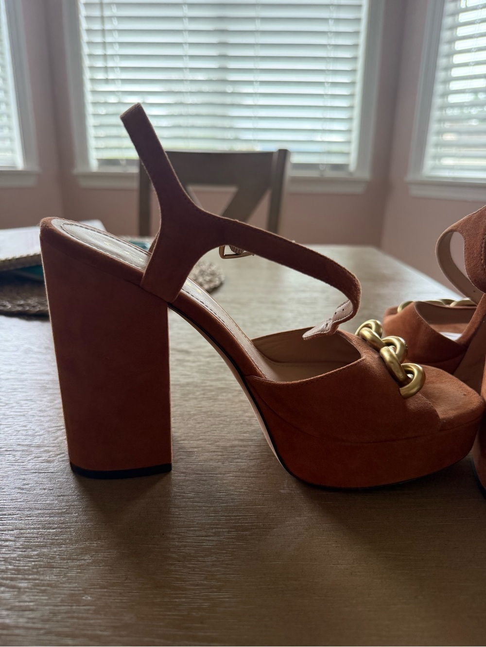 Coach Rust Suede Chain-Embellished Block Heel Sandals - Picture 7 of 10